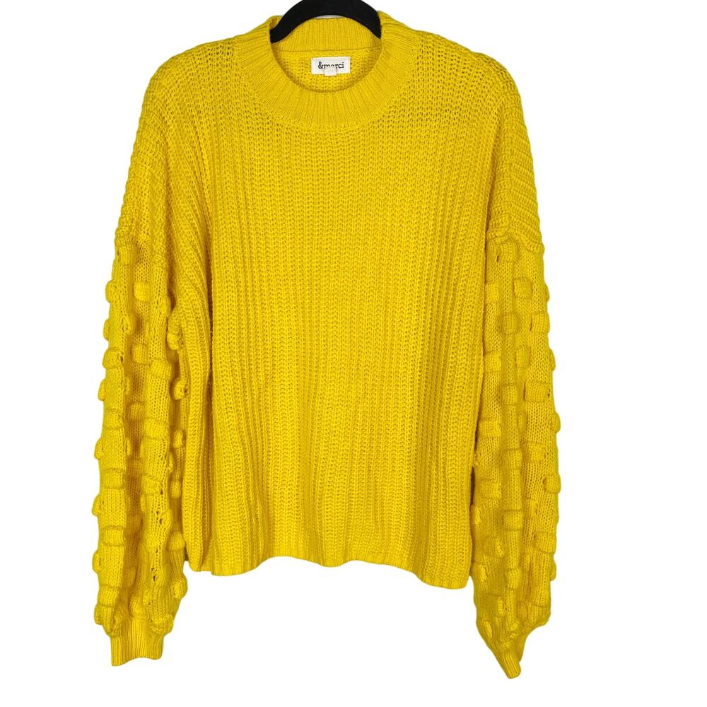 &merci Womens Small S Yellow Textured Chunky Knit Sweater Crew Neck Oversized